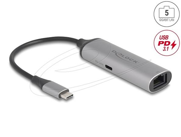 Delock Síťový adaptér USB Type-C™, 5 Gigabit LAN, 1 x RJ45 s Power Delivery, PD 3.1, 140 W 81591