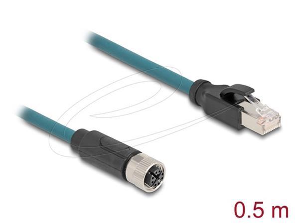 Delock - Síťový kabel - 8kolíkový M12 (F) do RJ-45 (M) - 50 cm - 6.2 mm - S/FTP - CAT 6a - černá 60076