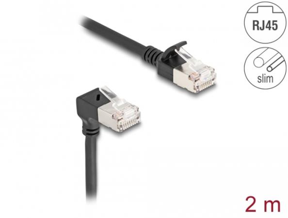 Delock Síťový kabel RJ45 Cat.6A S/FTP, Slim, zalomený dolů o 90° / přímý, 0,5 m, černý 80303