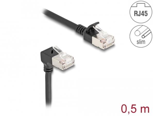 Delock Síťový kabel RJ45 Cat.6A S/FTP, Slim, zalomený dolů o 90° / přímý, 0,5 m, černý 80304