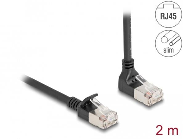 Delock Síťový kabel RJ45 Cat.6A S/FTP, Slim, zalomený nahoru o 90° / přímý, 2 m, černý 80288