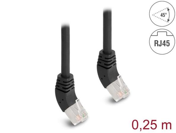 Delock Síťový kabel RJ45 Cat.6A S/FTP, zalomený nahoru o 45°, 0,25 m, černý