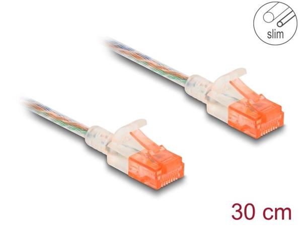 Delock Síťový kabel RJ45, Cat.6A, U/UTP, tenký, 0,3 m, transparentní 80351