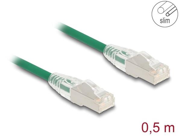 Delock Síťový kabel RJ45 Cat.6A, ze zástrčky na zástrčku, se zahnutou západkou, U/FTP, tenký, 0,5 m, zelený 80364