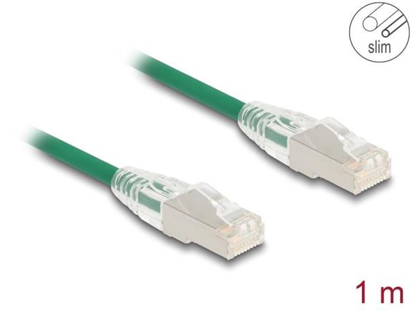 Delock Síťový kabel RJ45 Cat.6A, ze zástrčky na zástrčku, se zahnutou západkou, U/FTP, tenký, 1 m, zelený 80365