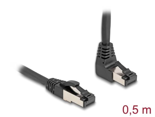 Delock Síťový kabel RJ45 Cat.8.1 S/FTP, zalomený nahoru o 90° / přímý, 0,5 m, černý 80393