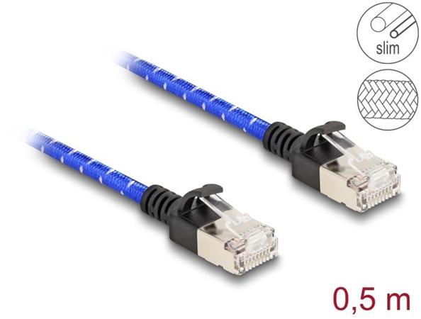 Delock Síťový kabel RJ45 s opleteným pláštěm, Cat. 6A, U/FTP Slim, 0,5 m, modrý 80376