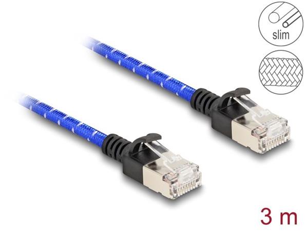 Delock Síťový kabel RJ45 s opleteným pláštěm, Cat. 6A, U/FTP Slim, 3 m, modrý 80379
