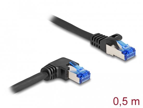 Delock Síťový kabel rozhraní RJ45 Cat.6A, S/FTP, přímý / pravý pravoúhlý, 0,5 m, černý