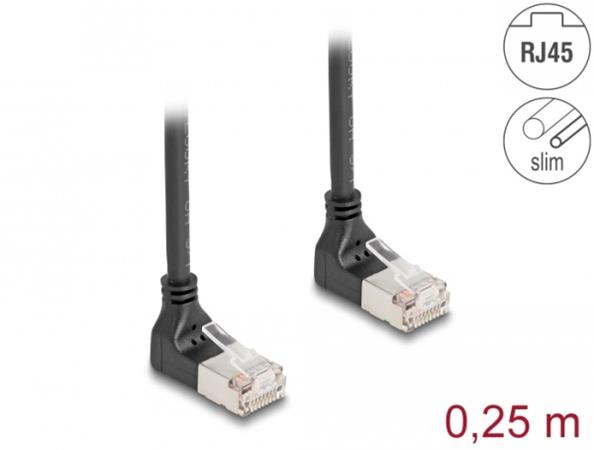 Delock Síťový kabel rozhraní RJ45, Cat.6A, S/FTP, Slim, zalomený nahoru / nahoru o 90°, 0,25 m, černý 80279