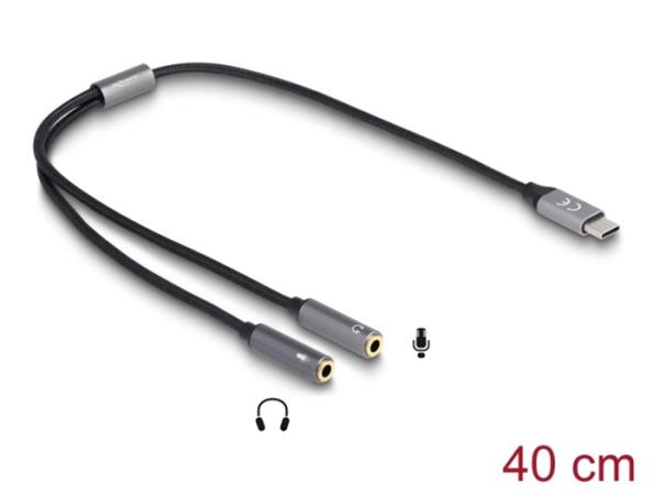 Delock Sluchátkový adaptér ze zástrčkového konektoru USB Type-C™, DAC 24 Bit / 96 kHz Hi-Res na 2 x 3 pin 3,5 jack 66616