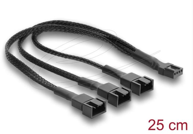 Delock Splitter kabelu ventilátoru, 1 x 4 piny, PWM, ze zásuvky na zástrčku + 2 x 4 pinovou zástrčku, s opleteným plášt