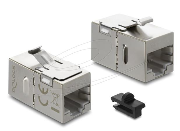 Delock Spojka modulu Keystone ze zásuvky RJ45 na zásuvku RJ45 Cat.6A s kovovou západkou a sponou, stíněná
