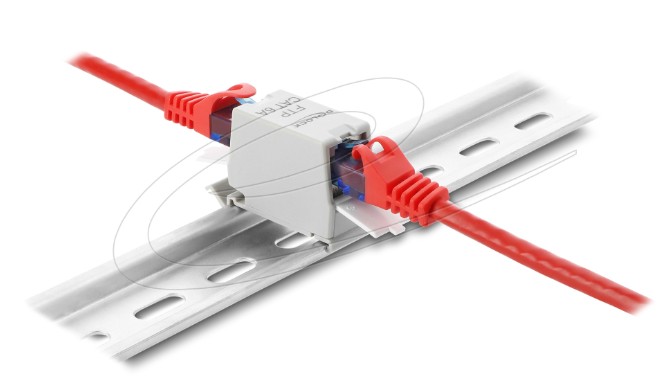 Delock Spojka RJ45 Cat.6A ze zásuvky na zásuvku s krytkou proti prachu k montáži na lištu dle DIN, stíněná, šedá / 90933