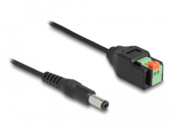 Delock Stejnosměrný kabel, 2,1 x 5,5 mm, ze zástrčky na svorkovnicový adaptér s tlačítkem, 15 cm 66253