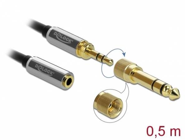 Delock Stereofonní prodlužovací kabel s tríkolíkovou zástrckou 3,5 mm na zásuvku rozmeru 6,35 mm 0,5m 85779