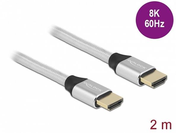 Delock Ultra vysokorychlostní HDMI kabel, 48 Gbps, 8K 60 Hz, stříbrná 2 m certifikovaný 85367