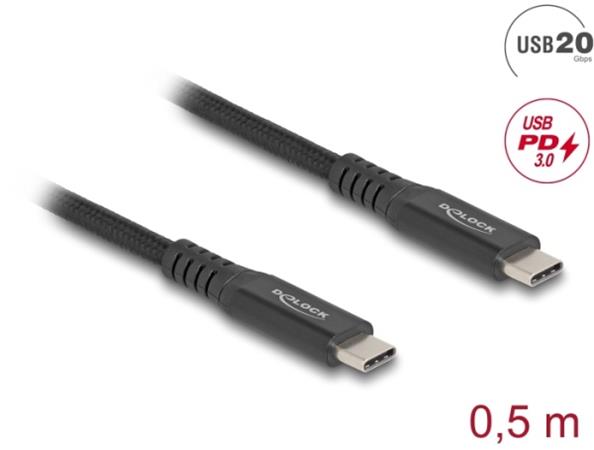 Delock USB 20 Gbps kabel USB Type-C™ samec na samec PD 3.0 100 W E-Marker 0,5 m černý kov 80023