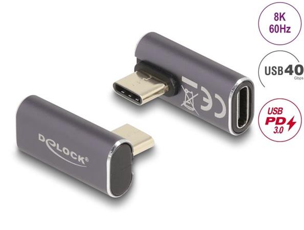 Delock USB Adaptér 40 Gbps USB Type-C™ PD 3.0 100 W samec na samice otočný pravoúhlý levý / pravý 8K 60 Hz kovová 60048