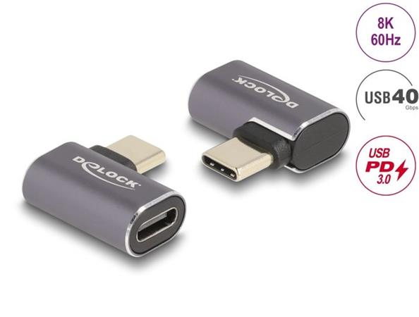 Delock USB Adaptér 40 Gbps USB Type-C™ PD 3.0 100 W samec na samice pravoúhlý levý / pravý 8K 60 Hz kovová 60047