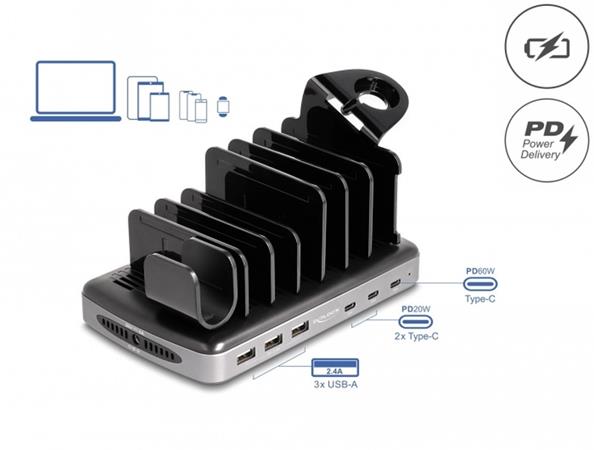 Delock USB nabíjecí stanice s třemi konektory USB Type-C™ PD a třemi USB Typu-A (112 W) 41461