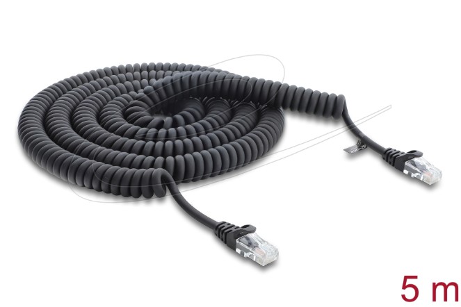 Delock Vinutý kabel rozhraní RJ45, ze zástrčky na zástrčku, Cat.5e, 5 m, černý 88019