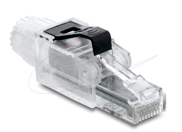 Delock Zástrčka RJ45 pro montáž v terénu, Cat.6A, nestíněná, průhledná / černá