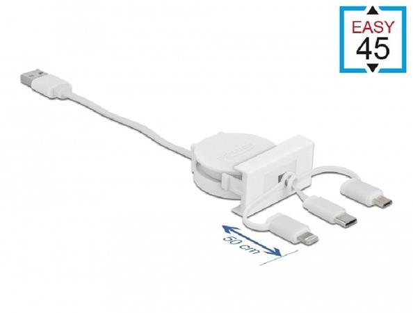 Delock Zatažitelný kabel modulu Easy 45 USB 2.0 typu 3 v 1 z USB Typu-A na USB-C™, Micro USB a Lightning, bílý 81375