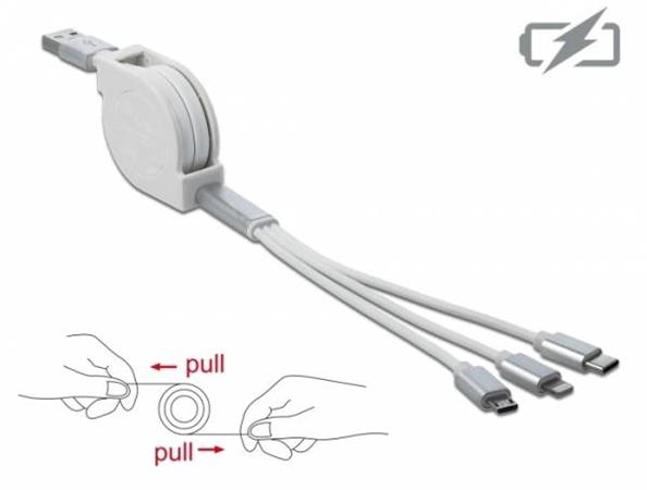 Delock Zatažitelný kabel USB 3 in 1 pro konektory osmipinový / Micro USB / USB Type-C™, bílý 85850