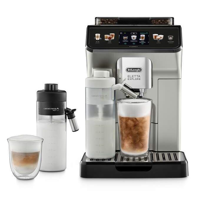 DeLonghi Eletta Explore ECAM 450.65.S automatické espresso, 1450 W, 19 Bar, Smart, displej, vestavěný mlýnek