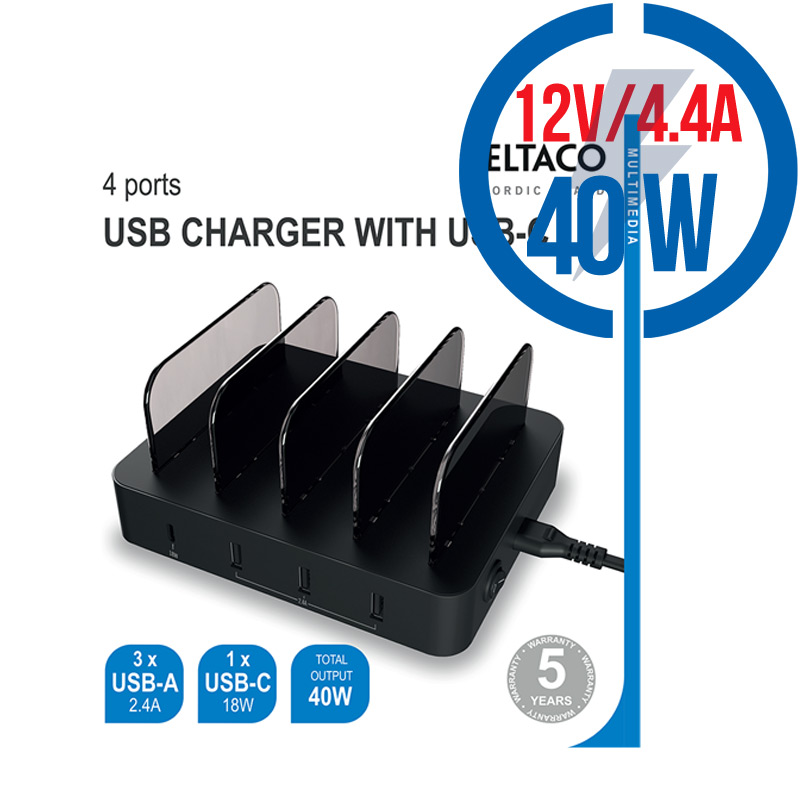 DELTACO DPS-0100, 3x USB A, Nabíjacia stanica, 40W