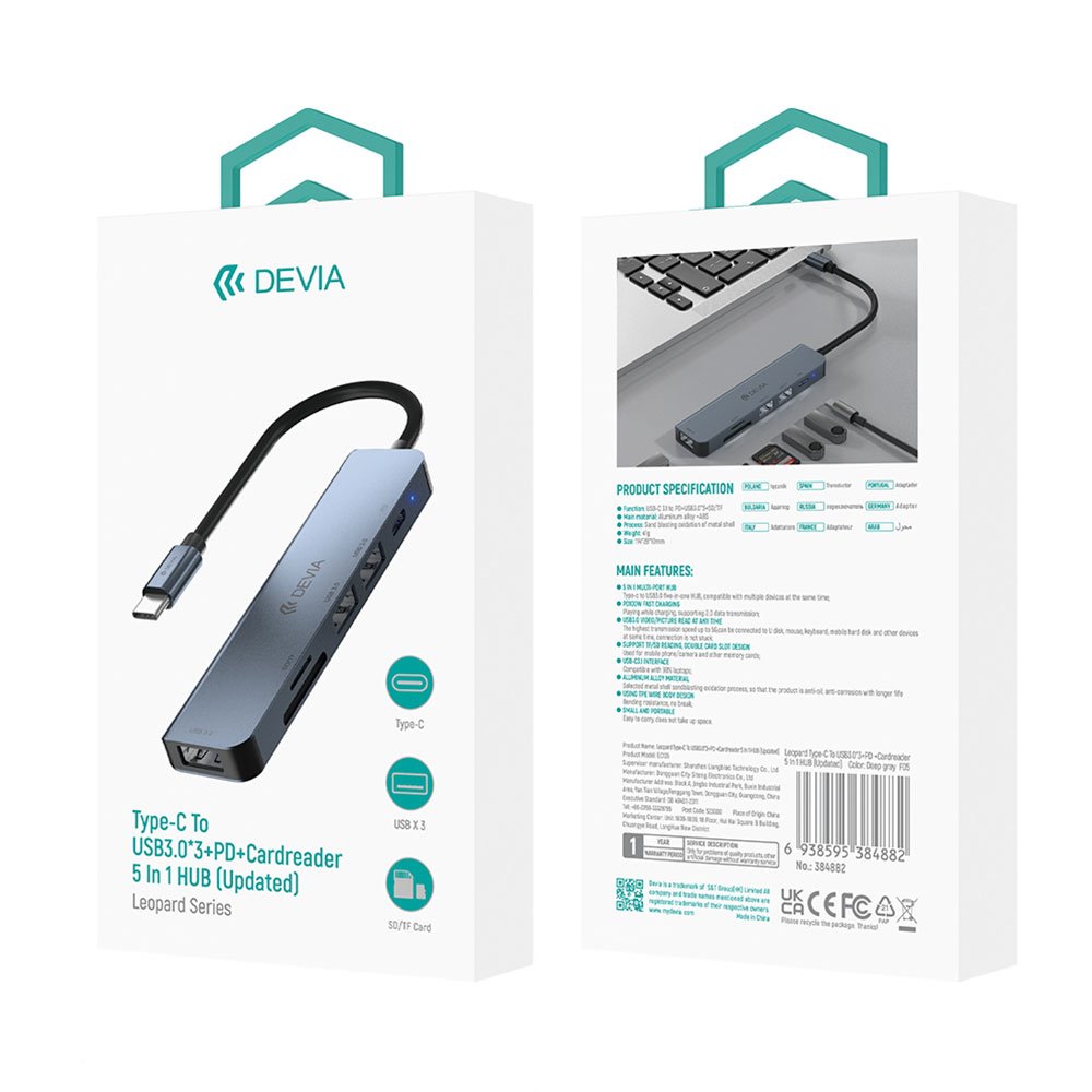 Devia USB-C Hub Leopard Series 5 in 1 - Deep Gray 6938595384882