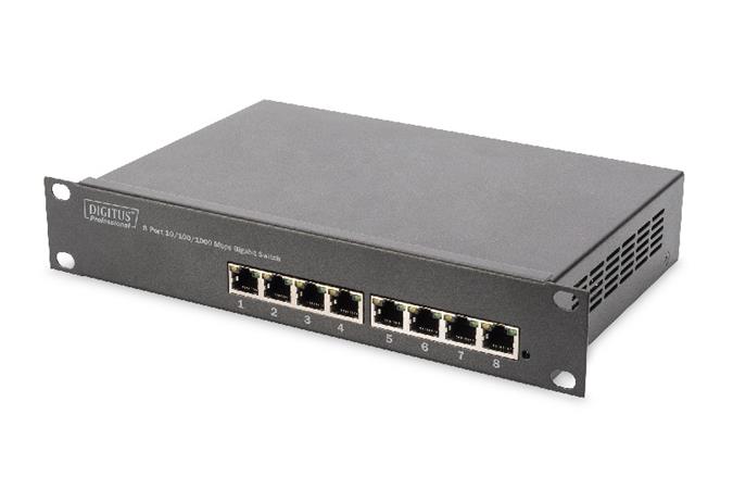 DIGITUS 10 inch 8-port Gigabit Ethernet Switch, 8 x 10/100/1000Mbps RJ45, build-in power, incl. 10inch brackets DN-80114
