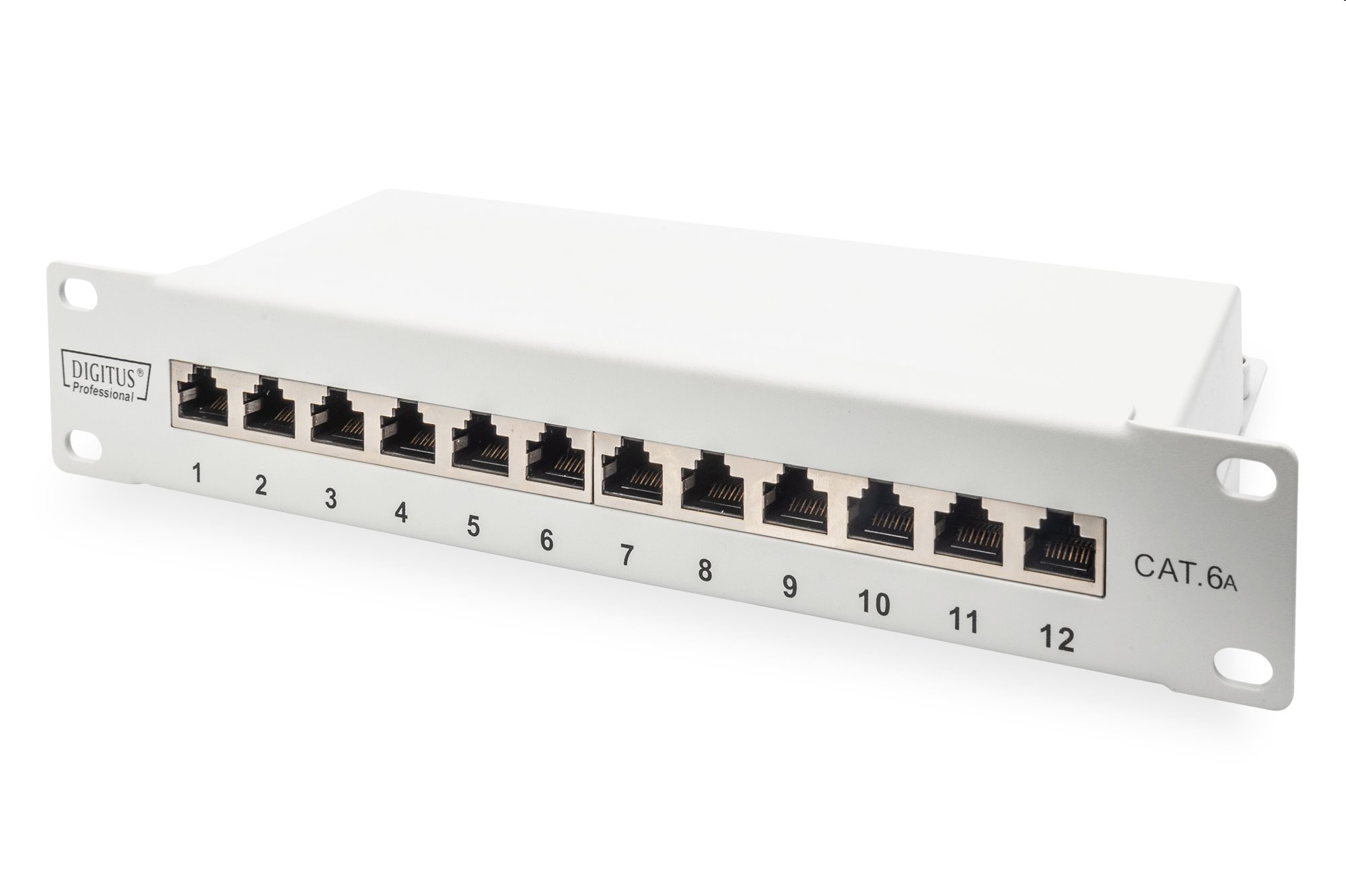 DIGITUS 10" patch panel 12port 1U Cat6A, STP, Krone LSA+, vyväz. lišta, sivý RAL7035 DN-91612S-EA-G