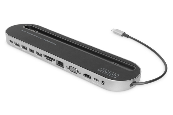 Digitus 12portová dokovací stanice USB-C, šedá, HDMI, VGA, 2x USB-C, 4x USB-A, RJ45, 1x 3,5 mm, SD / MicroSD DA-70888