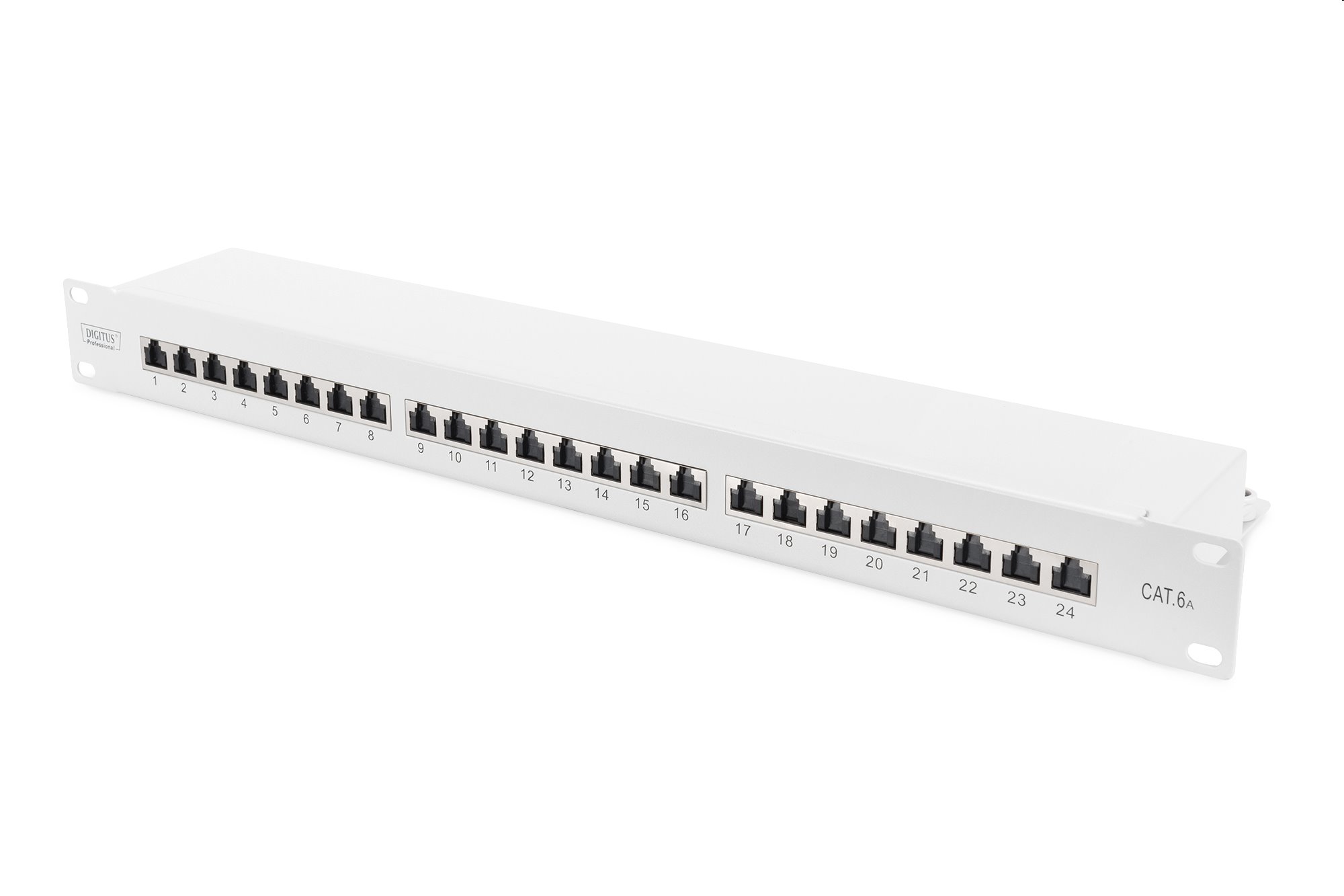 DIGITUS 19" patch panel 24port 1U Cat6A, STP, Krone LSA+, vyväz. lišta, sivý RAL7035 DN-91624S-EA