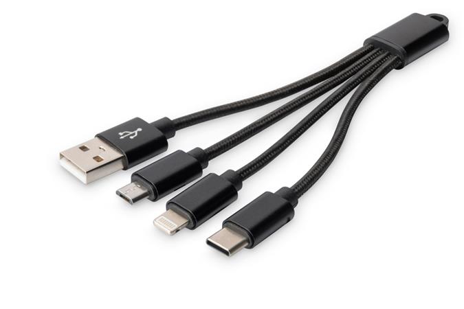 DIGITUS 3-in-1 Charger Cable, USB A - Lightning + Micro USB + Type-C DB-300160-002-S