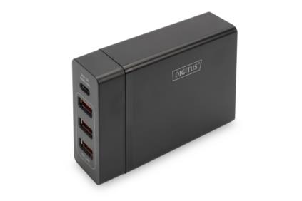 DIGITUS 4-Port USB Charger, 72W, 1x USB-C (PD) 5,9,15,20V/3A, 3x USB-A 5V/2.4A, black DA-10195
