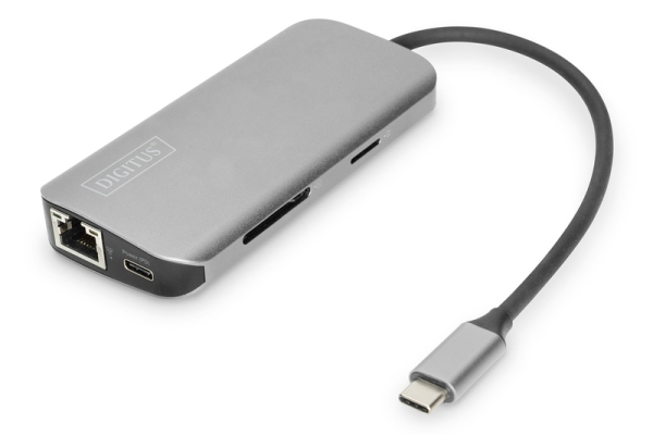 Digitus 8portová dokovací stanice USB-C, 2xUSB3.0, 1xRJ45, 2xHDMI, 1xPD, 1xMicro SD, 1xSD, šedá DA-70884