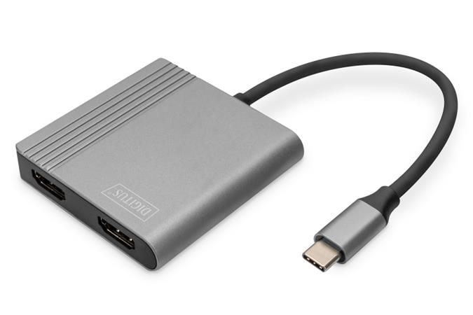 DIGITUS Adaptér USB-C - 2x HDMI, 18 cm 4K/30Hz, stříbrný, hliníkový kryt DA-70828