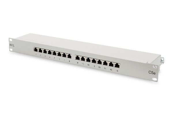 Digitus CAT 5e, Class D Patch Panel, shielded 16-port RJ45, 8P8C, LSA, 1U, rack mount, color grey RAL 7035 DN-91516S