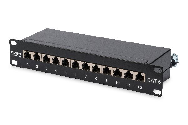 Digitus CAT 6, Class E Patch Panel, shielded 12-port RJ45, 8P8C, LSA, 1U, 254 mm(10")Rack Mount color black RA DN-91612S