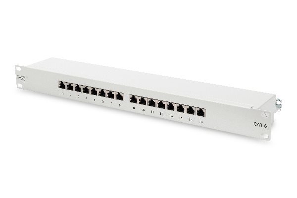 Digitus CAT 6, Class E patch panel, shielded 16-port RJ45, 8P8C, LSA, 1U, rack mount, color grey RAL 7035 DN-91616S