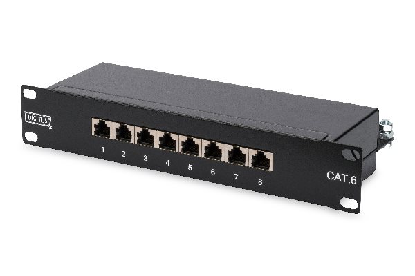 Digitus CAT 6, Class E patch panel, shielded 8-port RJ45, 8P8C, LSA, 1U, 254 mm (10")Rack Mount color black RA DN-91608S