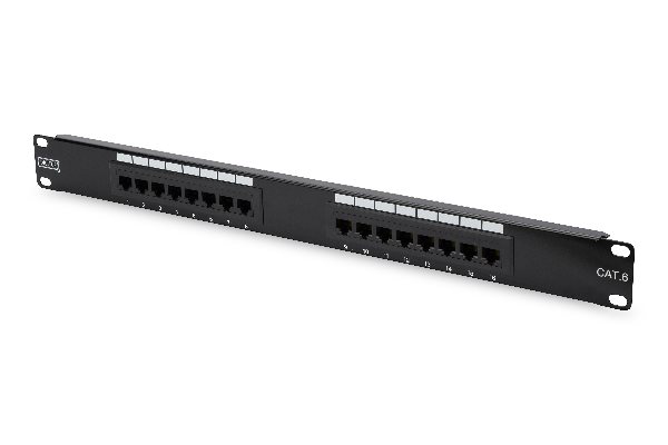 Digitus CAT 6, Class E patch panel, unshielded 16-port RJ45, 8P8C, LSA, 1U, rack mount, color black RAL 9005 DN-91616U
