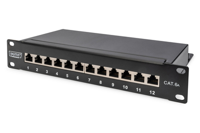 DIGITUS CAT 6A Patch Panel, shielded,12-Port label field, 1U, 10" rack mount,black RAL 9005 DN-91612S-EA