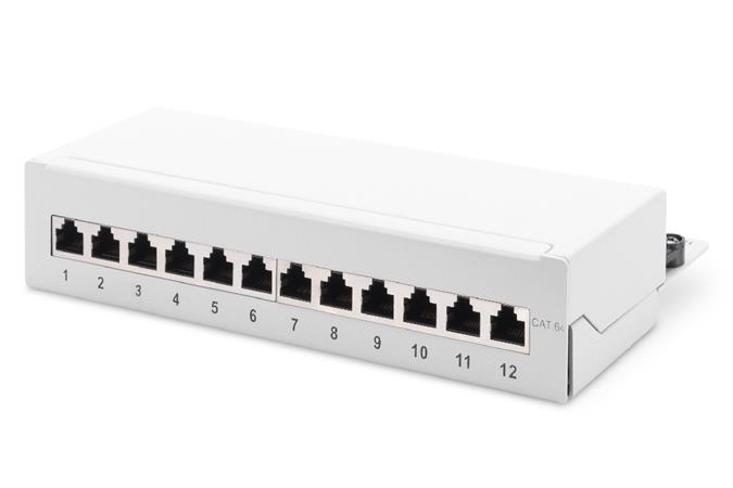 DIGITUS Desktop CAT 6A, patch panel, stíněné třídy EA, 12 portů RJ45, 8P8C, LSA, šedá RAL 7035 DN-91612SD-EA-G