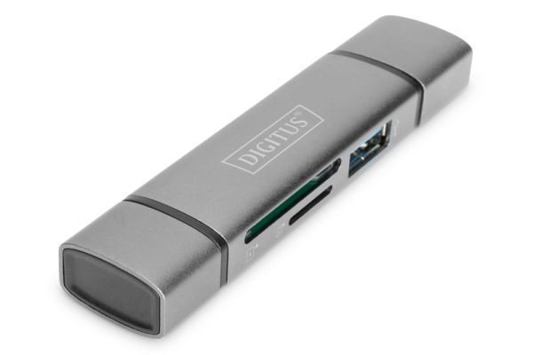Digitus dvojitá čtečka karet OTG (USB-C + USB 3.0) 1x SD, 1x MicroSD, 1x USB 3.0, šedá DA-70886