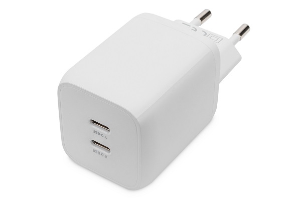 DIGITUS Miniaturní nabíječka USB-C, 2portová, 65W 2x USB-C, 45W+20W, bílá. DA-10063
