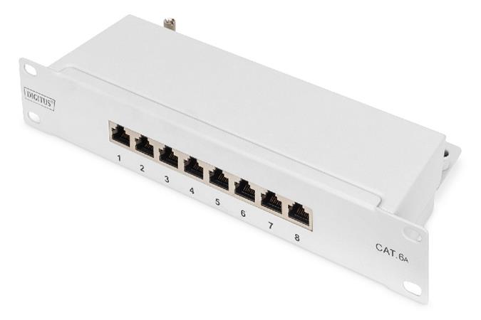 DIGITUS Patch panel CAT 6A, stíněný, 12 portů 1U, montáž do 10" racku, šedý RAL 7035 DN-91608S-EA-G